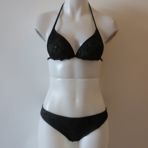 WOMENS CALZEDONIA COBEY BLACK OLIVE GREEN MESH STAR TRIANGLE BIKINI S * - Picture 1 of 12